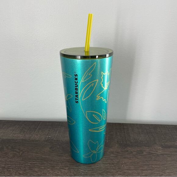 Starbucks | NWT Teal Green Floral Stainless Steel Cold Cup Tumbler 2022 Abstract - Picture 1 of 5